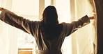 Back, woman and open curtains in hotel room with morning routine, vacation and daylight to wake up. Flare, person start day and reflection by accommodation window with fresh air, holiday or wellness.
