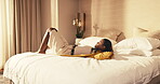 Hotel room, woman and relax on bed for travel fatigue, hospitality comfort and unwind on holiday. Cozy, tired guest and resting at lodge for post check in, vacation downtime and decompress with jump
