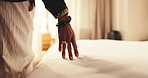 Hands, woman and touch bedsheet in hotel room for fabric quality, check cleanliness and holiday. Guest, person and duvet inspection at lodge for bed comfort, hygiene standard and vacation getaway