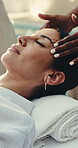 Calm, head or woman in spa with massage, comfortable rest or soothing benefits in wellness center. Tranquil, masseuse or mature person with dreaming, peaceful treatment or tension release at retreat.
