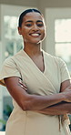 Face, masseuse and woman in spa happy for beauty service, skincare treatment and wellness. Portrait, resort and person with crossed arms, pride and smile for massage therapy, holistic healing and job