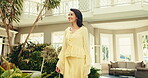 Thinking, smile or woman in hotel with walking, trip mindset or mindfulness on summer holiday. Calm, stroll or mature person in resort with happy memory, reflection or peaceful perspective in getaway