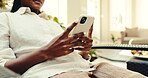 Hotel, holiday and hands with phone, texting and communication with contact on social media or chat. Typing, message and person with mobile on vacation, internet connection and networking on website