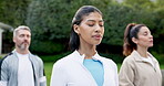 Yoga, class and woman outdoor with meditation, calm practice and collaboration in fitness activity. Peace, team and person with breathing, group wellness and mindset improvement in holistic session.