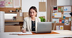 Logistics, startup and business woman with music for thinking, writing information and dancing. Energy, tech and happy supplier person with earpods for dropshipping, supply chain or distribution list