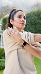 Fitness, stretch or woman in backyard with start, arm mobility or warm up in physical activity. Ready, shoulder or person with preparing, injury prevention or muscle improvement in outdoor session.