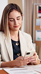 Small business, entrepreneur and woman with phone, message and tracking order on web and ecommerce. Online shop, sales and happy person with mobile, thinking and communication with contact in startup