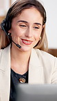 Headset, laptop and woman talking for logistics feedback, customer support and delivery status. Shipping, happy agent and person with tech for pricing help, order tracking and small business office