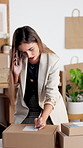 Phone call, woman and writing on package for ecommerce, address correction and shipping info. Mobile, talk and entrepreneur with box label for logistics order, tariff code and small business office
