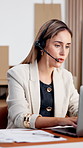 Headset, laptop and woman speaking for logistics feedback, customer support and delivery status. Shipping, agent and person with tech for help, typing and check order info in small business office
