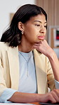 Thinking, woman and laptop at startup for ecommerce, pricing and stock availability for shipping. Person, reading and tech in office with clipboard, supply chain and delivery invoice for online order