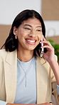 Phone call, small business and woman in office for ecommerce, distribution feedback or smile. Logistics, happy entrepreneur and person with mobile for sales info, speaking or thank you for service