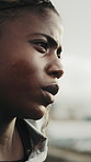 Thinking, athlete and black woman outdoor for fitness, exercise and exhausted from cardio training. Tired, female person and breathing in city for cool down, endurance workout and physical activity