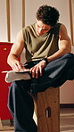 Art, serious and man sketching in workshop with technique, skill and paper with creativity. Studio, male person and professionbal artist for drawing with pencil shading, project and texture 