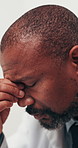 Doctor, headache or black man with stress for mistake, medical failure or mental health in hospital. Frustrated, male person or healthcare worker with migraine for fatigue, burnout or clinic deadline