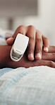 Medical, child or hands with pulse oximeter, heart rate track or oxygen level monitoring in hospital.  Space, patient or kid with tech, respiratory assessment or SpO2 vital sign results in healthcare