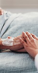 Doctor, holding hands and old person at clinic for comfort, empathy and prognosis of health update. Surgeon, consoling or senior patient in icu for support, compassion and medical recovery of surgery