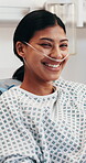 Medical, face or woman in hospital with laugh, happy moment or recovery relief in post operation. Healthcare, portrait or patient with joke reaction, wellness service or good mood with treatment plan