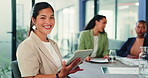 Marketing, face and woman in meeting with tablet, creative consultant and about us in PR office. Happy, team and branding specialist with tech, campaign planner and confidence in communications.