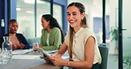Marketing, face or happy woman in meeting with tablet, creative consultant or about us in PR office. Digital, team or brand specialist with confidence, campaign planner or ambition in communications.