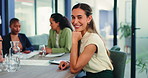 Marketing, face and woman in meeting with smile, creative consultant and about us in PR office. Happy, team and brand specialist with confidence, campaign planner and career in communications.