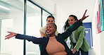 Fun, chair and people in office with run, colleague bonding and project finish with paper throw. Happy, flare and employees with playful moment, team connection and report completion in workplace.