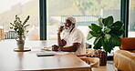 Phone call, senior and laugh with black man in home for discussion, retirement fund plan and contact. Communication, online investment faq and feedback with senior person and tech for account review