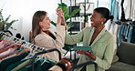 Fashion, people and high five in clothing store with tablet, sales target and online launch success. Happy, women and celebration in small business with tech, retail achievement and app notification.