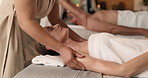 Shoulder, massage and couple at spa to relax for holistic healing, wellness or beauty treatment. Hotel, resort and mature people with salon service for stress relief, calm and pamper for anniversary