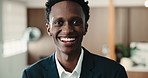 Face, laugh and black man in company for business, development and career growth as bookkeeper. Portrait, happy male person and funny worker in financial workplace, internship opportunity or about us