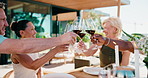 Wine, cheers and mature people on patio with smile, summer holiday and celebration on weekend break. Happy, friends and toast outdoor in backyard with alcohol drink, connection and social gathering.