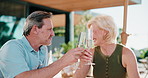 Love, cheers or couple in backyard with champagne, connection or happy moment on anniversary. Smile, commitment or mature people at home with drink, partner toast or bonding with romantic celebration