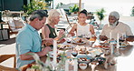Summer, friends and lunch on patio with red wine, social gathering and bonding together on weekend. Mature people, eating food and relax outdoor in backyard with alcohol, conversation and friendship.