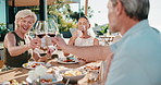 Wine, toast and mature people on patio with lunch, summer hangout and celebration on weekend break. Happy, friends and cheers outdoor in backyard with alcohol drink, connection or food for gathering.