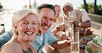Face, selfie and friends on patio with champagne, toast and bonding together with social media post. Happy, mature people and photography outdoor in backyard with alcohol drink, cheers and memories.