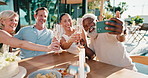 Friends, selfie and champagne on patio with birthday party, smile and bonding with social media post. Happy, mature people and photography outdoor in backyard with special occasion cake and alcohol.
