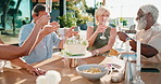 Woman, friends and cheers at house with alcohol, blowing candles and birthday cake for celebration. Happy, mature people and toast on patio with beverage, dessert and socializing for special occasion