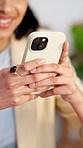 Phone, hands or happy woman in office, typing message or post for social media marketing on internet. Mobile, smile and marketer in workplace with campaign review, business promotion or communication