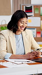 Small business, entrepreneur and woman with phone, texting and tracking order on web and ecommerce. Online shop, sales and happy person with mobile, creative and communication with contact in startup