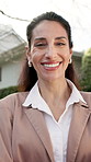 Face, smile and real estate agent at property for handover, home ownership or confidence. Happy, mature woman or realtor with portrait for sale, lease or rent house from seller or landlord to buyer