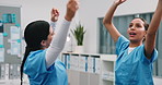 Dance, happy and team in hospital with fun, surgical achievement and celebration for shift end. Success, women and nurse with groove, healthcare breakthrough and playful moment with completed work.
