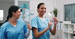 Dancing, laugh and team in hospital with fun, medical achievement and celebration for shift end. Happy, women and nurse with success, healthcare breakthrough and playful groove with completed work.
