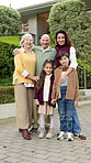 Grandparents, mom and children on front porch with face, security and happy moment on weekend break. Senior people, mother and kids with laugh, bonding and family connection in healthy relationship.
