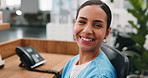 Face, woman and receptionist at hospital with smile, assistance and patient intake for treatment. Portrait, person and nurse at reception for administration, medical inquiry and healthcare services