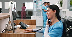 Smile, nurse and call at reception with computer, appointment and contact patient for treatment. Woman, telephone and pc at clinic for follow up, medical inquiry and assistance for healthcare service