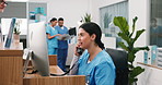 Nurse, talking and call at reception with computer, appointment and contact patient for treatment. Woman, telephone and pc at clinic with doctor, medical inquiry and assistance for healthcare service