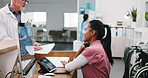 Nurse, doctor and call at reception with folder, appointment and contact patient for treatment. Woman, telephone and pc at clinic with documents, medical inquiry and assistance for healthcare service