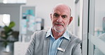 Face, happy man and doctor in hospital, healthcare service manager or career experience for wellness. Portrait, senior executive and person in medical clinic, confident professional and about us