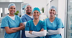 Face, healthcare and group of surgeon people together in hospital for collaboration, smile and care. Happy women, man and leadership with arms crossed, surgery success and teamwork in scrubs