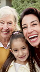 Grandmother, mom and girl in backyard with face, security and bonding together on weekend break. Senior person, mother and child with laugh, happy moment and family connection in healthy relationship